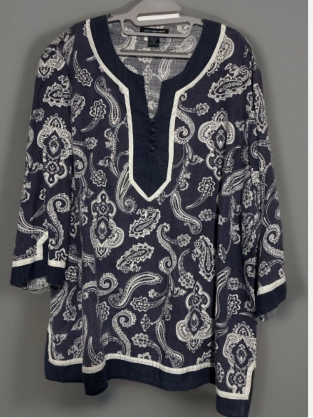 Saint Tropez West Women's Top 3/4 Sleeve Paisley Blue White Trim Linen Size 3X